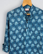 Paisley Charm – Printed Cotton Short Kurta in Blue & White